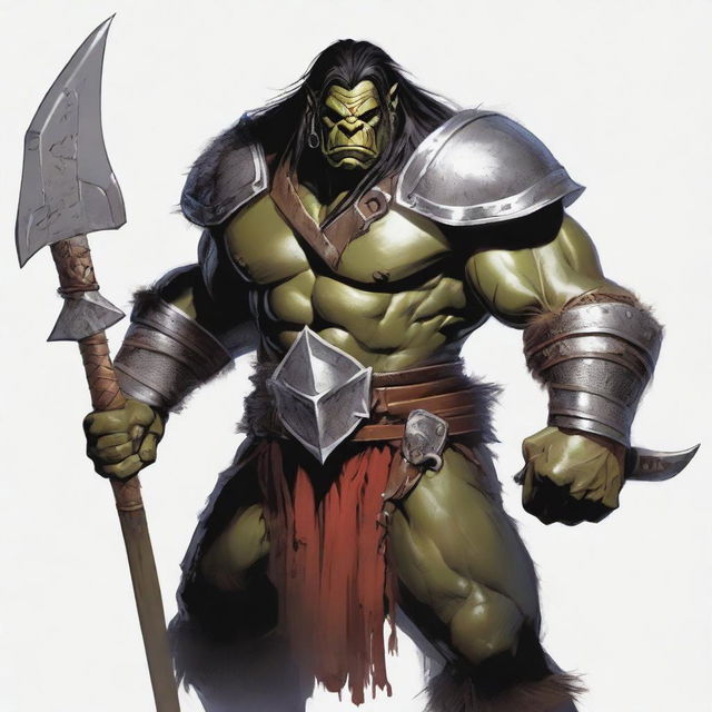 A large male orc from the Eberron universe, depicted as a fierce barbarian with long black hair