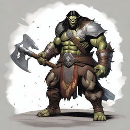 A large male orc from the Eberron universe, depicted as a fierce barbarian with long black hair