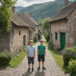 Two young boys standing in the heart of an idyllic old village, with traditional houses, cobblestone paths, and vibrant greens surrounding them.