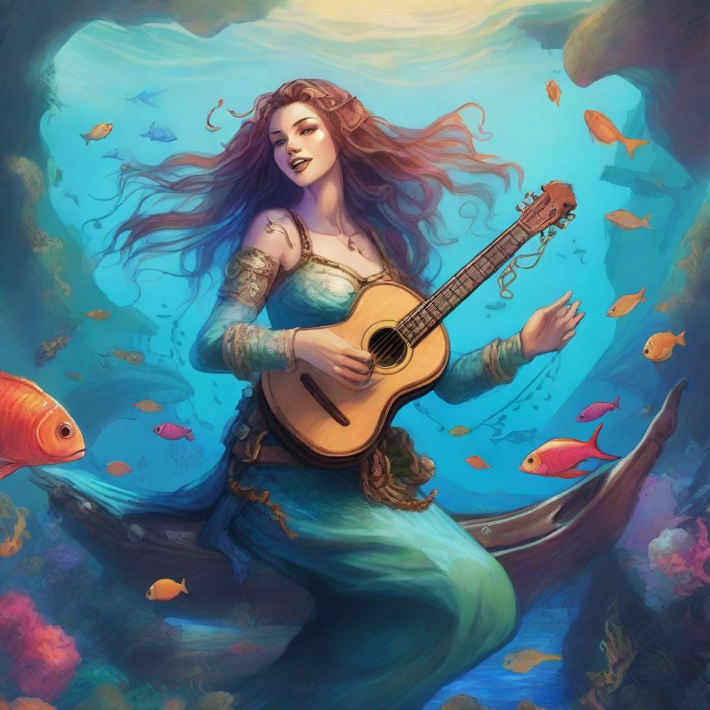 A detailed illustration of a medieval female merfolk bard assassin pulling away laughing from a shipwreck