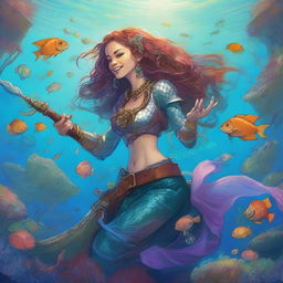 A detailed illustration of a medieval female merfolk bard assassin pulling away laughing from a shipwreck