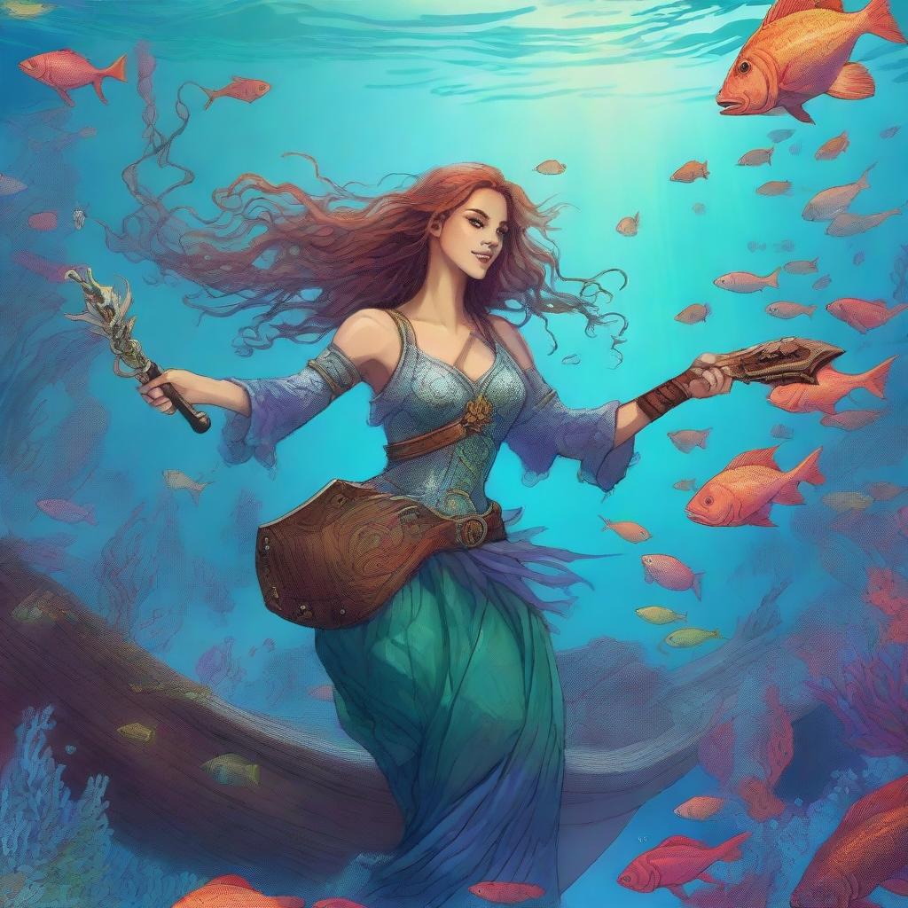 A detailed illustration of a medieval female merfolk bard assassin pulling away laughing from a shipwreck