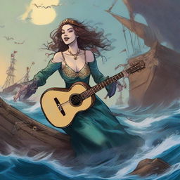 A medieval female merfolk bard assassin is pulling away laughing from a shipwreck