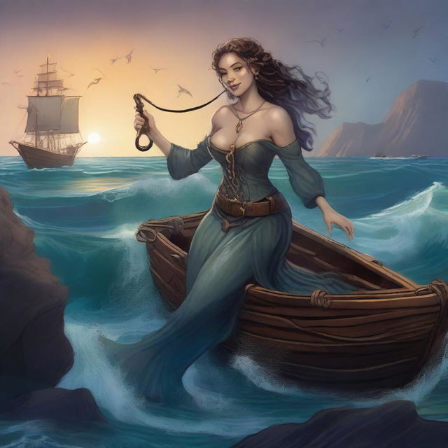 A medieval female merfolk bard assassin is pulling away laughing from a shipwreck