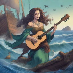 A medieval female merfolk bard assassin is pulling away laughing from a shipwreck