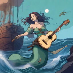 A medieval female merfolk bard assassin is pulling away laughing from a shipwreck