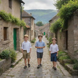 Two young boys standing in the heart of an idyllic old village, with traditional houses, cobblestone paths, and vibrant greens surrounding them.