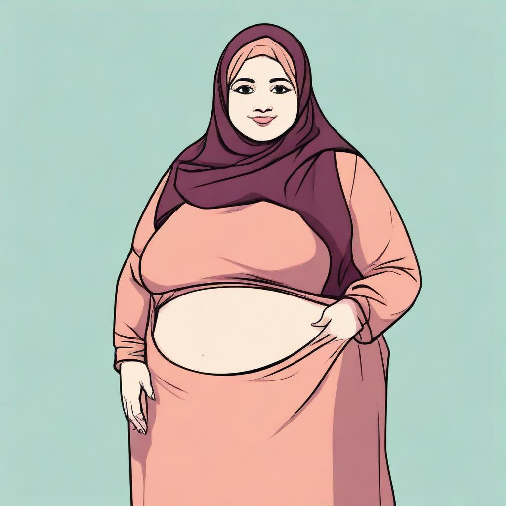 A girl wearing a hijab, depicted as overweight with a large belly and prominent chest