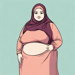 A girl wearing a hijab, depicted as overweight with a large belly and prominent chest