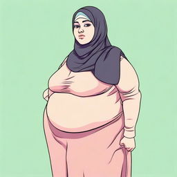 A girl wearing a hijab, depicted as overweight with a large belly and prominent chest