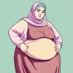 A girl wearing a hijab, depicted as overweight with a large belly and prominent chest