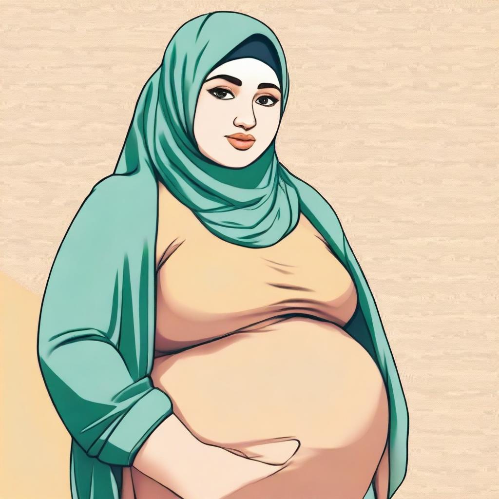 A girl wearing a hijab, depicted as overweight with a large belly and prominent chest