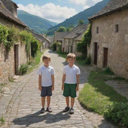 Two young boys standing in the heart of an idyllic old village, with traditional houses, cobblestone paths, and vibrant greens surrounding them.