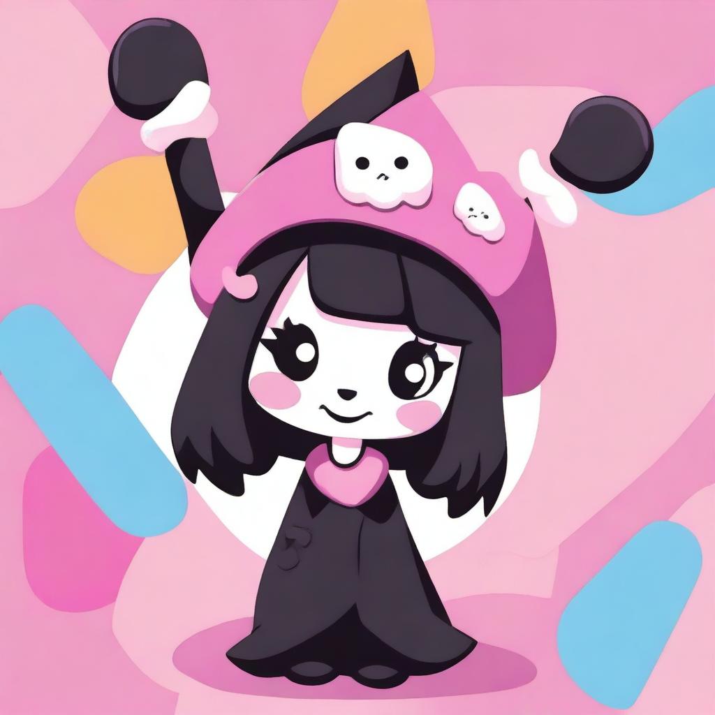 A cute and mischievous character named Kuromi, dressed in her signature black jester hat with a pink skull on the front