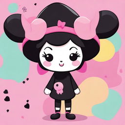 A cute and mischievous character named Kuromi, dressed in her signature black jester hat with a pink skull on the front