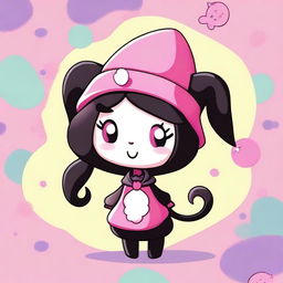 A cute and mischievous character named Kuromi, dressed in her signature black jester hat with a pink skull on the front