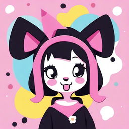 A cute and mischievous character named Kuromi, dressed in her signature black jester hat with a pink skull on the front