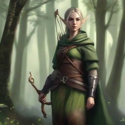 A skilled female elf ranger, dressed in forest-green attire and equipped with a longbow