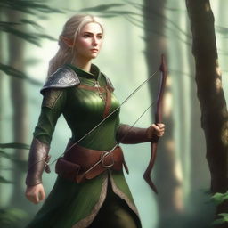 A skilled female elf ranger, dressed in forest-green attire and equipped with a longbow