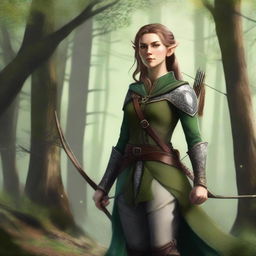 A skilled female elf ranger, dressed in forest-green attire and equipped with a longbow