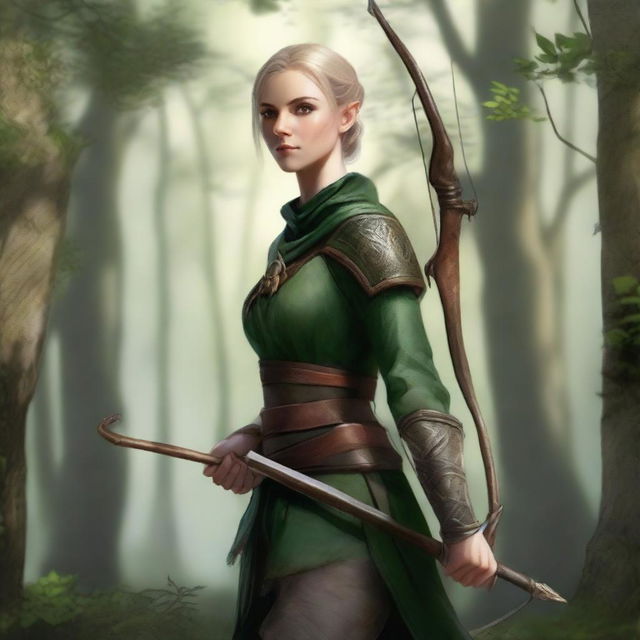 A skilled female elf ranger, dressed in forest-green attire and equipped with a longbow