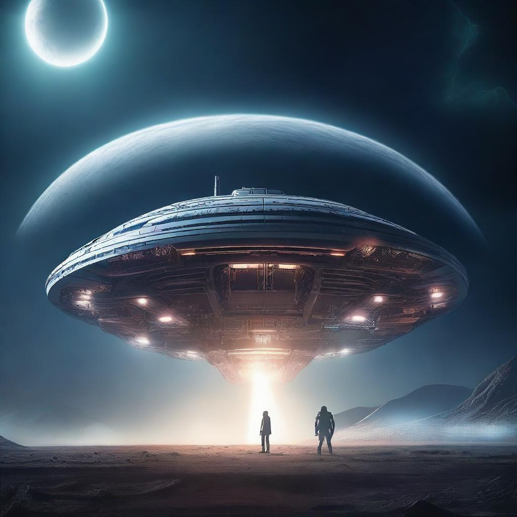 A highly detailed cinematic art of an alien spaceship landing on Earth, with dramatic lighting and an eerie atmosphere