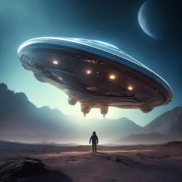 A highly detailed cinematic art of an alien spaceship landing on Earth, with dramatic lighting and an eerie atmosphere