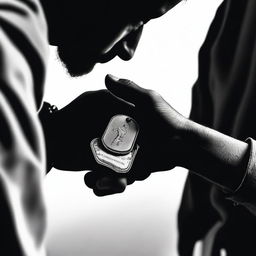 A black and white image of a male arm grasping the dog tags around a female soldier's neck, with their heads bent close together