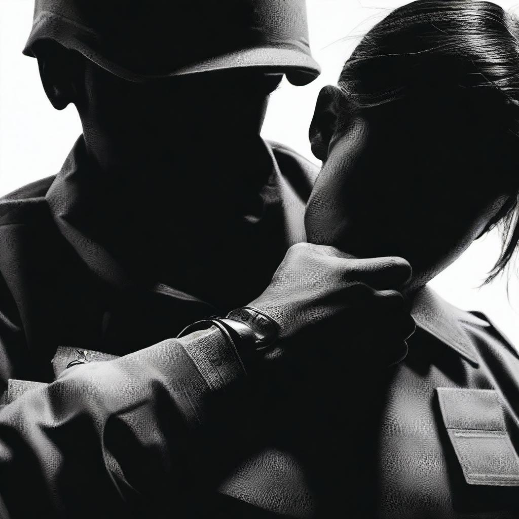 A black and white image of a male arm grasping the dog tags around a female soldier's neck, with their heads bent close together