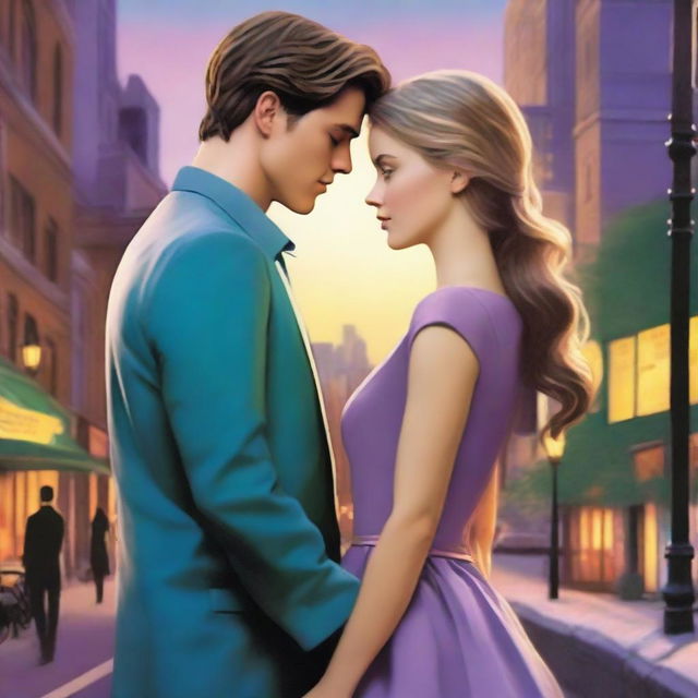 A romantic scene set in an urban landscape at dusk