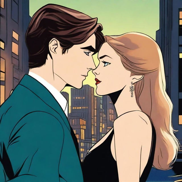 A romantic scene set in an urban landscape at dusk