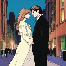 A romantic scene set in an urban landscape at dusk