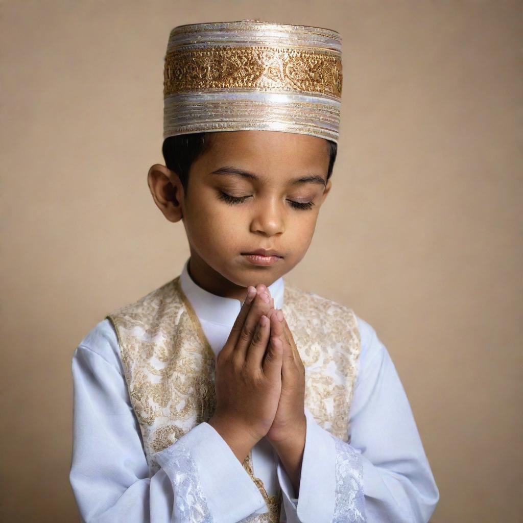 A devout Muslim boy in traditional attire immersed in prayer with a peaceful expression