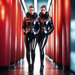 A stunning woman wearing a tight black shiny puffer jacket paired with red latex leggings