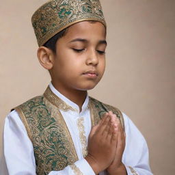 A devout Muslim boy in traditional attire immersed in prayer with a peaceful expression