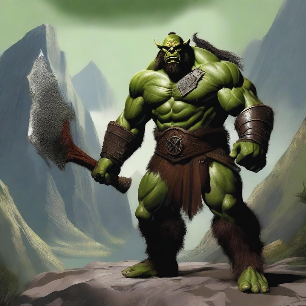 A realistic depiction of an orc warrior holding a large battle axe