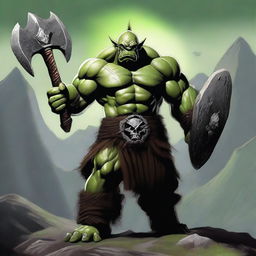 A realistic depiction of an orc warrior holding a large battle axe