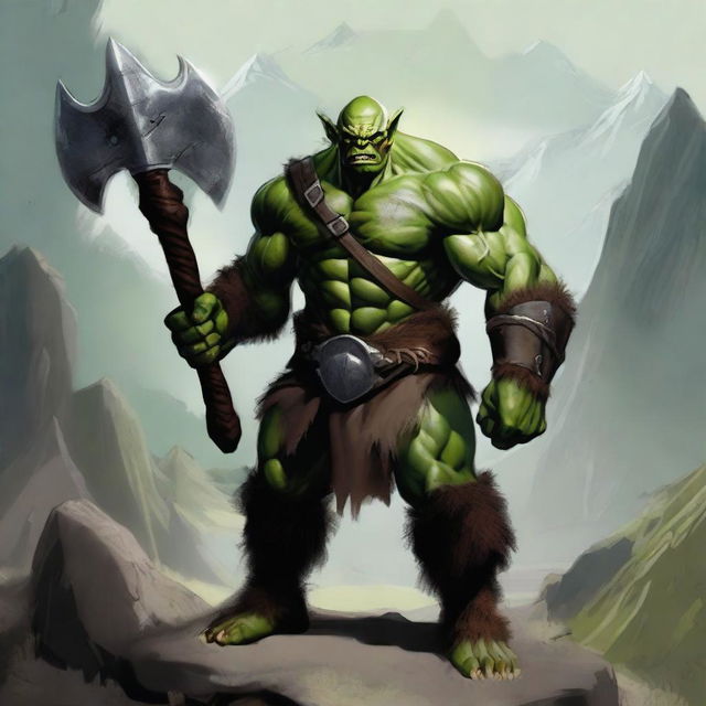 A realistic depiction of an orc warrior holding a large battle axe