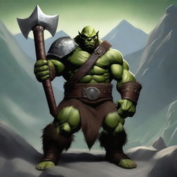 A realistic depiction of an orc warrior holding a large battle axe