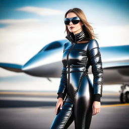 A stunning female pilot wearing a tight black shiny puffer suit, standing confidently beside a sleek, modern aircraft