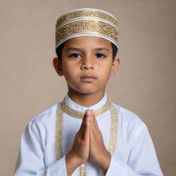 A devout Muslim boy in traditional attire immersed in prayer with a peaceful expression