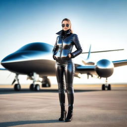 A stunning female pilot wearing a tight black shiny puffer suit, standing confidently beside a sleek, modern aircraft