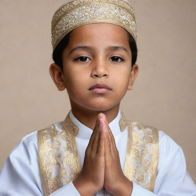 A devout Muslim boy in traditional attire immersed in prayer with a peaceful expression