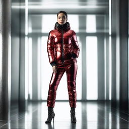 A stunning woman wearing a tight black and red shiny puffer suit, standing confidently in a stylish, modern environment