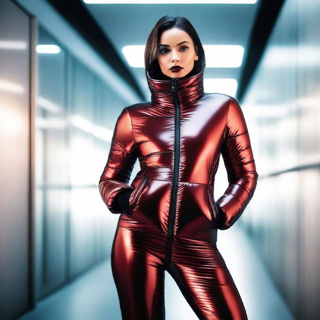 A stunning woman wearing a tight black and red shiny puffer suit, standing confidently in a stylish, modern environment