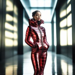 A stunning woman wearing a tight black and red shiny puffer suit, standing confidently in a stylish, modern environment