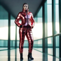 A stunning woman wearing a tight black and red shiny puffer suit, standing confidently in a stylish, modern environment