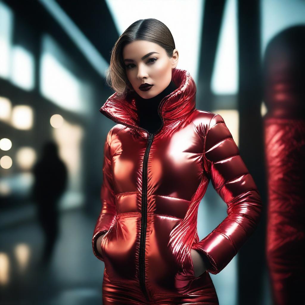 A stunning woman wearing a tight shiny puffer suit with black and red parts, standing confidently in a stylish, modern environment