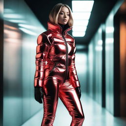 A stunning woman wearing a tight shiny puffer suit with black and red parts, standing confidently in a stylish, modern environment