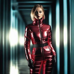 A stunning woman wearing a tight shiny puffer suit with black and red parts, standing confidently in a stylish, modern environment